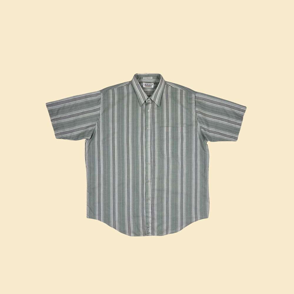 80s XL mens short sleeve striped shirt by Impact, vintage blue & grey 1980s top